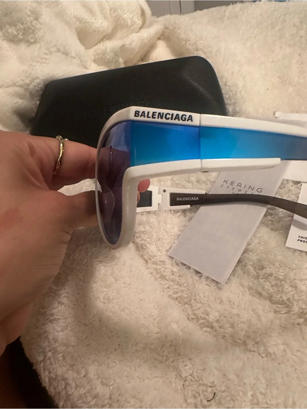 Balenciaga White Frame Sunglasses with Blue Mirrored Lenses